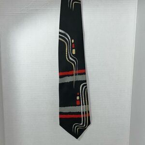 VTG Marshall Field & Company Mens Geometric Print Neck Tie Black Red Gray Yellow